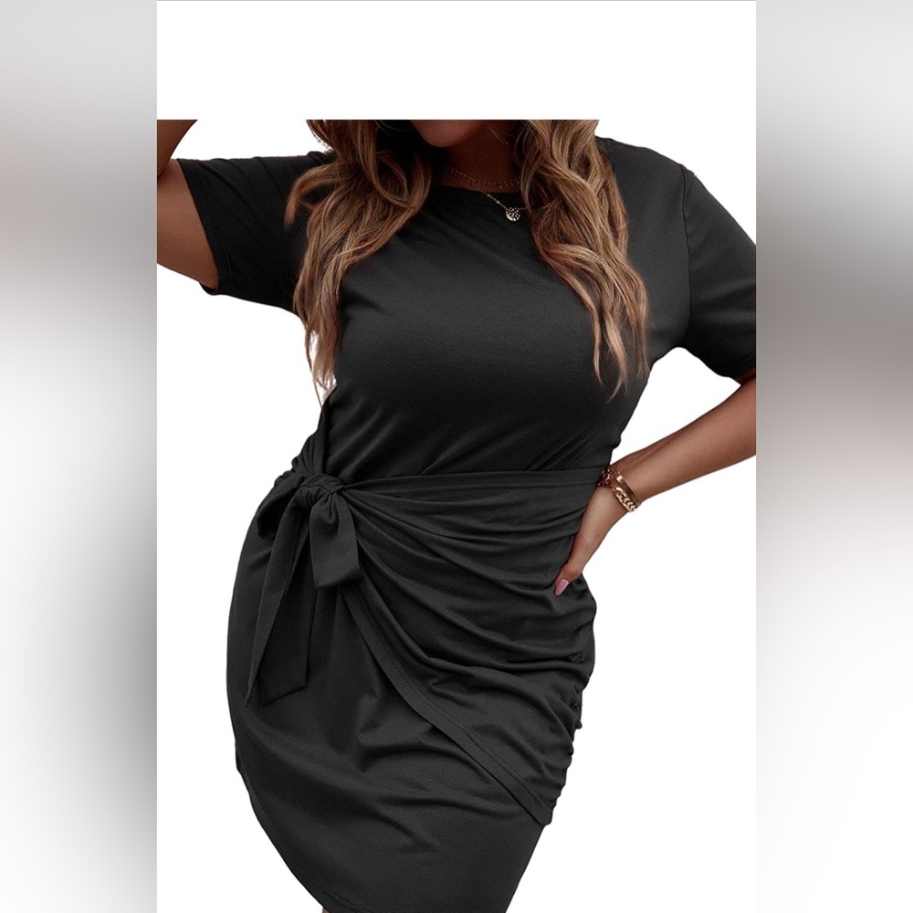 Romwe Women's Plus Size Short Sleeve Tie Knot Front Solid Summer T Shirt Dress